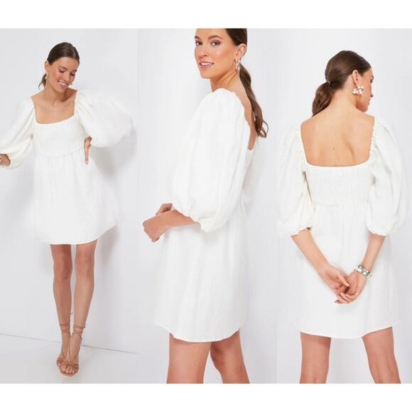 Tuckernuck Annie Smocked Linen Mini Dress XS White Ivory Square Neck Preppy - Picture 2 of 10